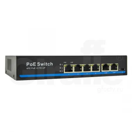 Сетевой PoE коммутатор:  4 порта - 10/100Мб/с 2 порта UPLINK - 10/100Мб/с   Общая мощность до 80 Вт.  Поддержка до 30 Вт на каждый канал PoE.  End-spa