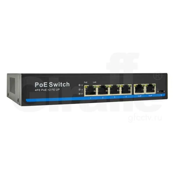 Сетевой PoE коммутатор:  4 порта - 10/100Мб/с 2 порта UPLINK - 10/100Мб/с   Общая мощность до 80 Вт.  Поддержка до 30 Вт на каждый канал PoE.  End-spa
