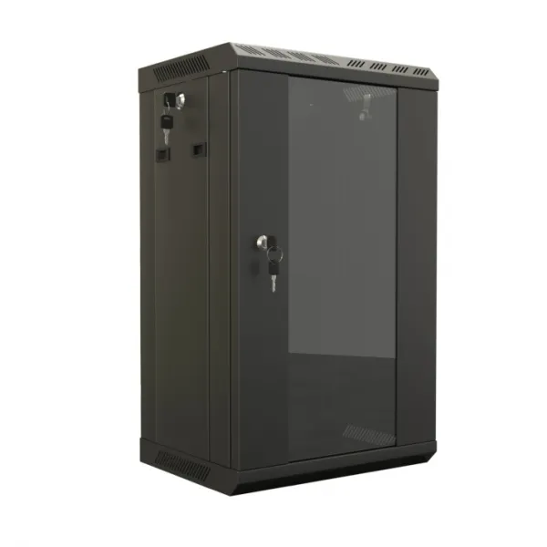 (447455)Hyperline TDB-12U-GP-RAL9004 Шкаф настенный 10'', 12U, 649,5х390х300, уст. размер 254 мм, со стеклянной дверью, открывающиеся стенки, возможность установки вентилятора, цвет черный (RAL 9004) (собранный)