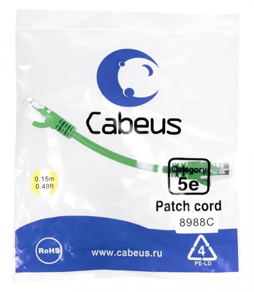 Cabeus PC-UTP-RJ45-Cat.5e-0.15m-GN-LSZH Зеленый патч-корд