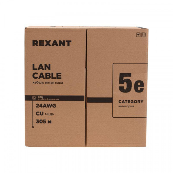 (01-0045-R) Кабель витая пара U/UTP, CAT 5e, PE, 4PR, 24AWG, OUTDOOR, SOLID, черный, 305м, РФ REXANT