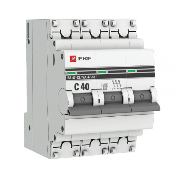 (mcb4763-3-40C-pro) Автоматический выключатель 3P 40А (C) 4,5kA ВА 47-63 EKF PROxima