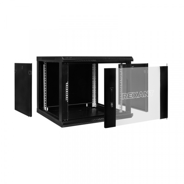 (04-0966-112) Настенный шкаф 19" 9U 600×600, дверь сплошное стекло, черный, RAL 9005 REXANT