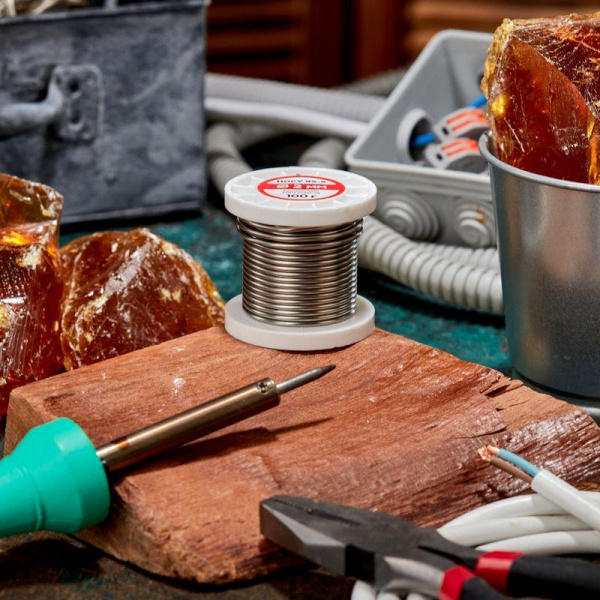 (09-3513) Припой ПОСу 95-5, 100г, Ø2мм, (олово 95%, сурьма 5%), бессвинцовый, ГОСТ 21931-76, катушка REXANT