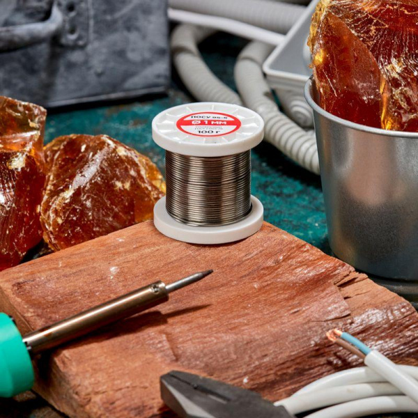 (09-3511) Припой ПОСу 95-5, 100г, Ø1мм, (олово 95%, сурьма 5%), бессвинцовый, ГОСТ 21931-76, катушка REXANT