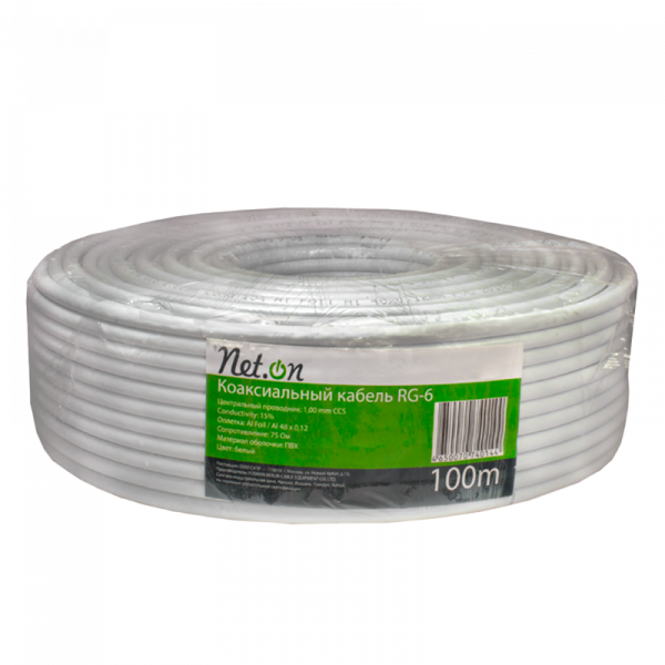 (03-0101) Кабель Net.on RG-6 белый CCS 1,00 (15%) / FPE / Al-Pet-Al Foil / Al 32х0,12 / PVC RW 100м