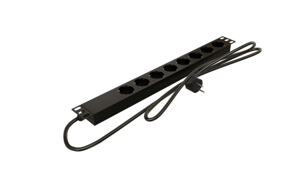 (529007)Hyperline SHE19-8SH-16-2.0EU Блок розеток 19", 8 розеток Schuko, 16A, кабель питания 2,0 метра (3х1,5мм2) с вилкой Schuko