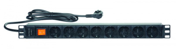 Eurolan 60A-61-01-08BL Блок распределения питания базовый 19" 1U 16/230, 8 Schuko, Schuko, шнур 1.8 метр, выключатель