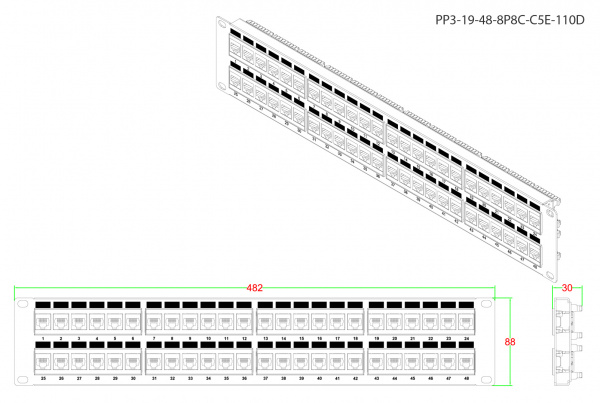 (246100)Hyperline PP3-19-48-8P8C-C5E-110D Патч-панель 19", 2U, 48 портов RJ-45, категория 5e, Dual IDC, ROHS, цвет черный