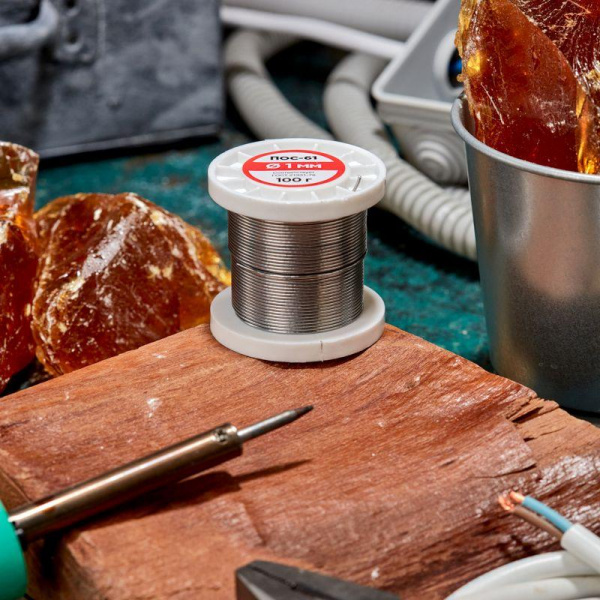 (09-3171) Припой с канифолью ПОС-61, 100г, Ø1мм, (олово 61%, свинец 39%), катушка REXANT