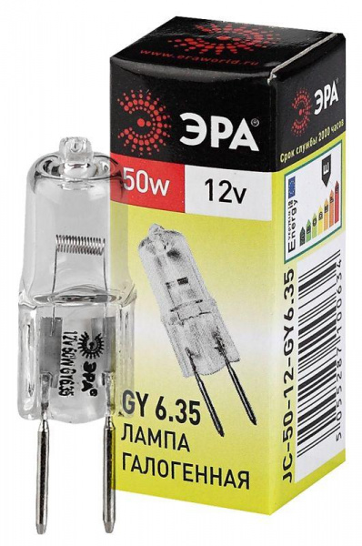 Лампочка галогенная ЭРА GY6.35-JC-50W-12V GY6.35 50Вт капсула теплый белый свет (C0027372)