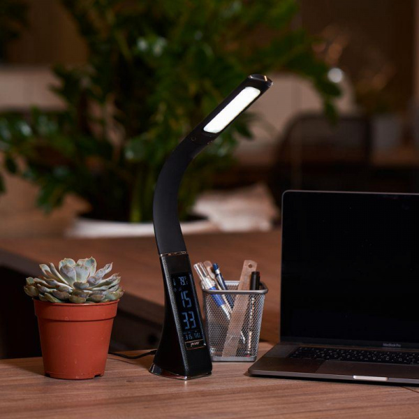 (75-0218) Светильник настольный REXANT Cesar LED с поворотом излучающей поверхности на 360°, 5000 К, часы, термометр, будильник, календарь, цвет черны