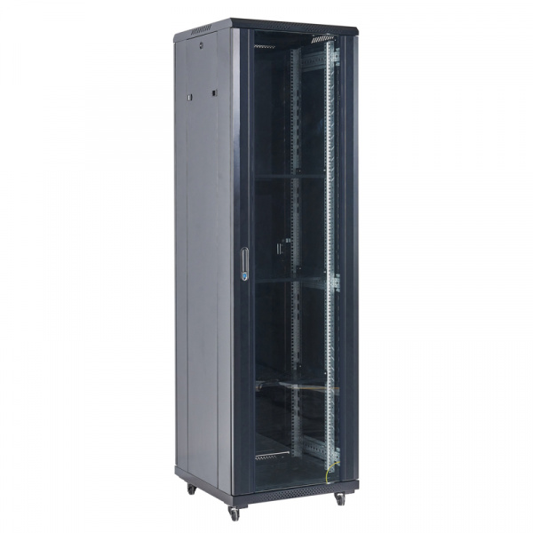 (04-1866-212) Напольный шкаф 19" 18U 600×600, дверь сплошное стекло, черный, RAL 9005 REXANT