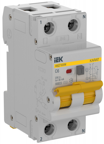(KA-VD14-1-006-C-030-AC) KARAT Автоматический выключатель дифференциального тока АВДТ32EM 1P+N C6 30мА тип AC IEK