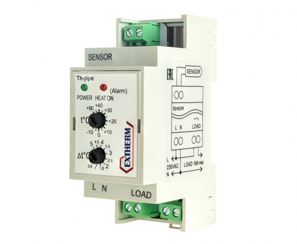 Термостат Extherm Th-pipe для управления системой электрообогрева на трубопроводах/резервуарах с настраиваемым гистерезисом (датчик приобретается отд)