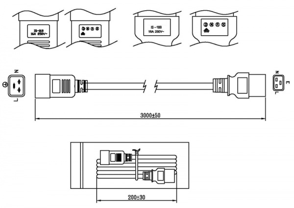 (43797)Hyperline PWC-IEC19-IEC20-10-BK Кабель питания IEC 320 C19 - IEC 320 C20 (3x1.5), 16A, прямая вилка, 10м, цвет черный (ПВС-АП-3*1,5-250-C19C20-