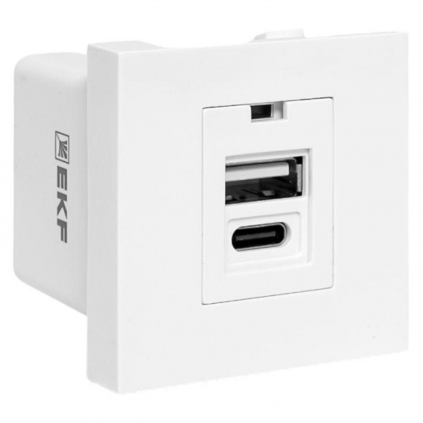 (E2MR2-21USB-10-AC) Розетка USB A+C, 2.1А, 2 гнезда, без индикатора, белая EKF