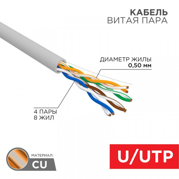 (01-0043-R) Кабель витая пара U/UTP, CAT 5e, PVC, 4PR, 24AWG, INDOOR, SOLID, серый, 305м, РФ REXANT