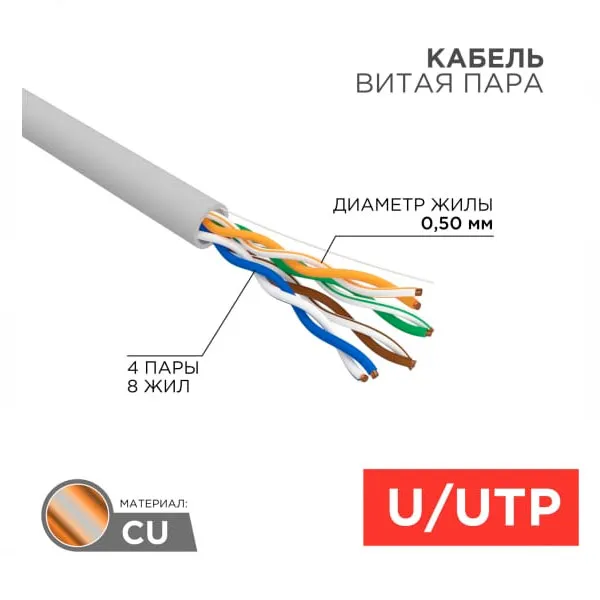 (01-0043-R) Кабель витая пара U/UTP, CAT 5e, PVC, 4PR, 24AWG, INDOOR, SOLID, серый, 305м, РФ REXANT