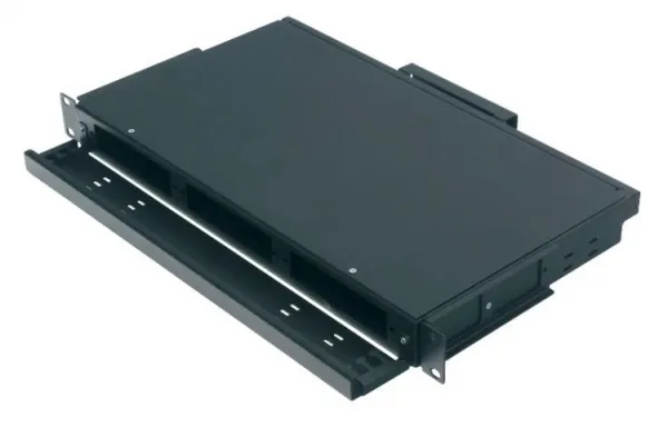 (REC-FOPV-8-24-BK) Коробка оптическая коммутационная выдвижная 19" 1U, незагруженная, до 24 портов, 1 сплайс-кассета, черная